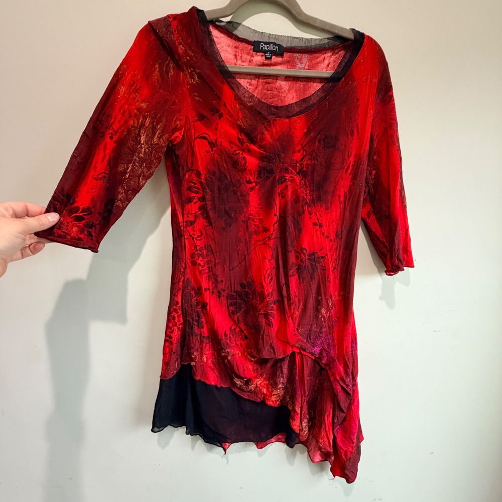 Papillon Asymmetrical Tunic Top Women Small Red Floral Mesh Layered Whimsigoth